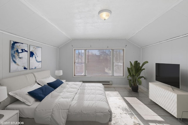 tiled bedroom with vaulted ceiling and baseboard heating