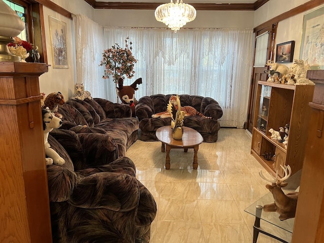 living room with an inviting chandelier and crown molding