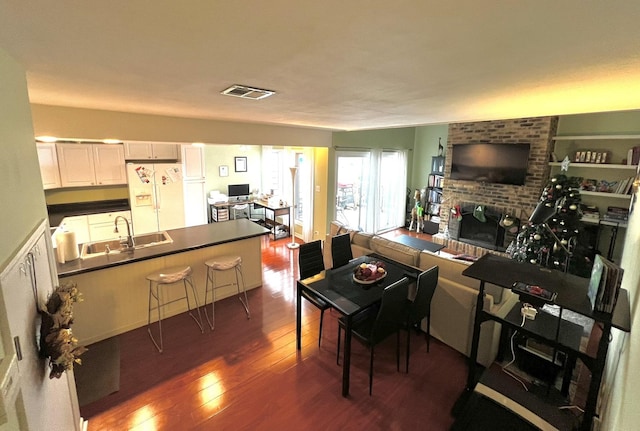 living room with a fireplace, dark hardwood / wood-style flooring, and sink