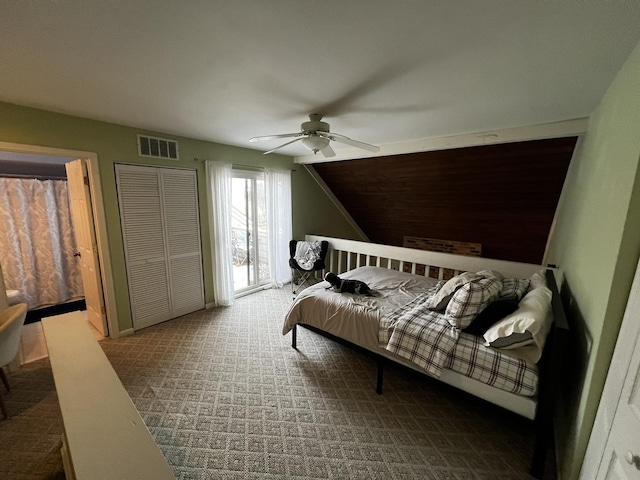 carpeted bedroom with access to exterior, ceiling fan, and lofted ceiling