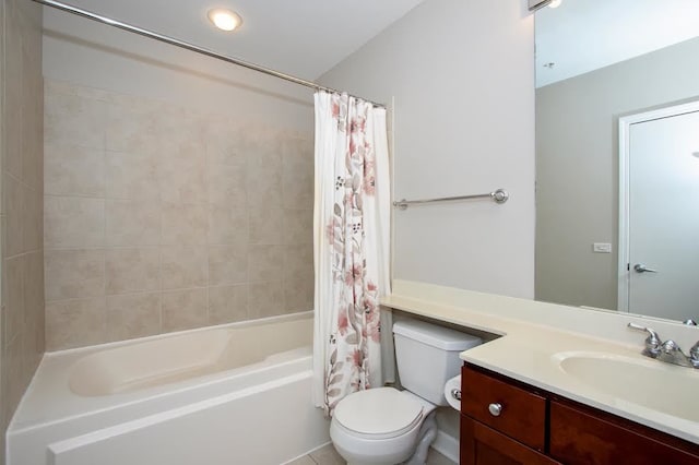 full bathroom with shower / tub combo, vanity, and toilet