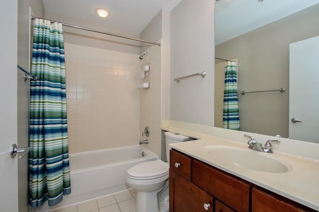 full bathroom with tile patterned floors, shower / bath combination with curtain, toilet, and vanity