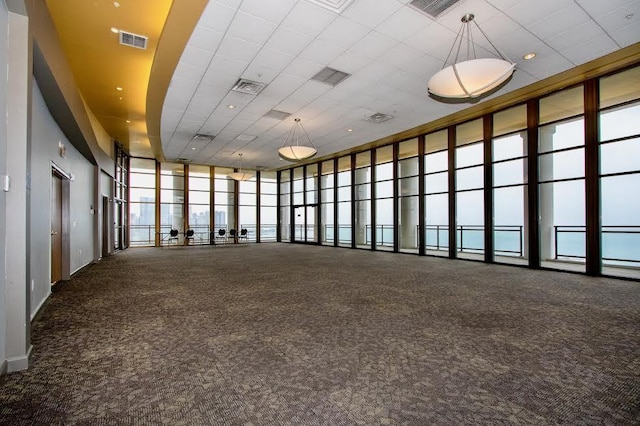 spare room featuring floor to ceiling windows, carpet, and a high ceiling