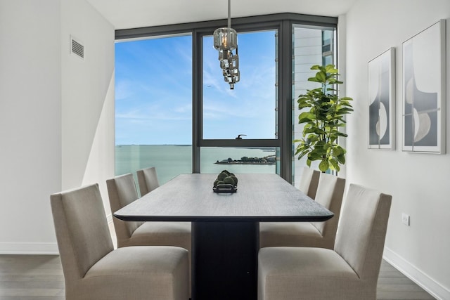 dining room featuring a water view, dark hardwood / wood-style floors, and a notable chandelier