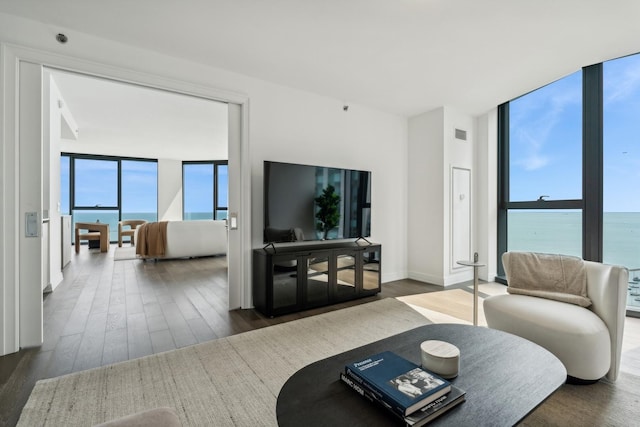 living room featuring a wealth of natural light, floor to ceiling windows, and dark wood-type flooring