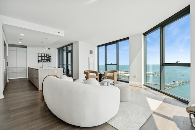 living room featuring expansive windows, dark hardwood / wood-style flooring, a water view, and plenty of natural light