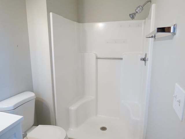 bathroom featuring vanity, toilet, and walk in shower