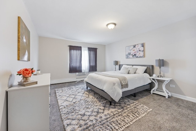 carpeted bedroom featuring baseboard heating