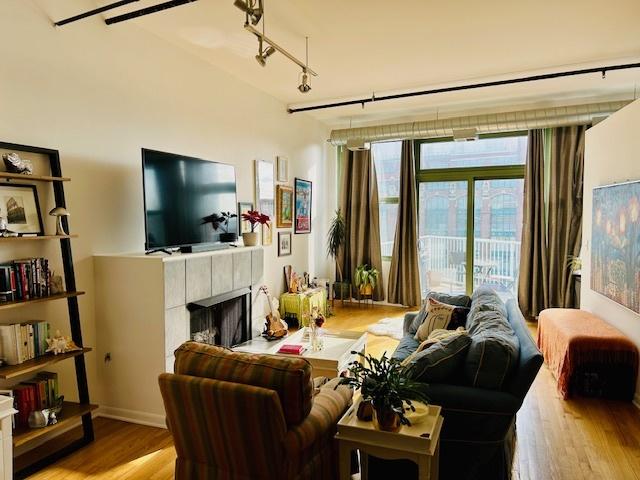 living room with rail lighting, light hardwood / wood-style flooring, and a tiled fireplace