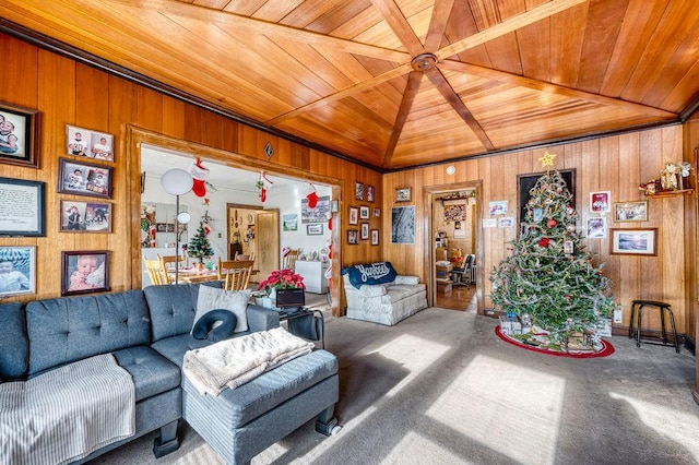 living room with carpet flooring, wood walls, wood ceiling, and lofted ceiling