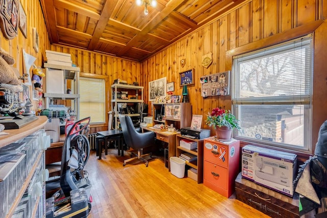 office area featuring wooden walls, light hardwood / wood-style floors, and wooden ceiling