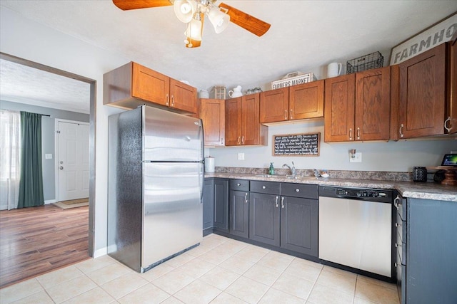 kitchen featuring ceiling fan, sink, light tile patterned floors, and appliances with stainless steel finishes