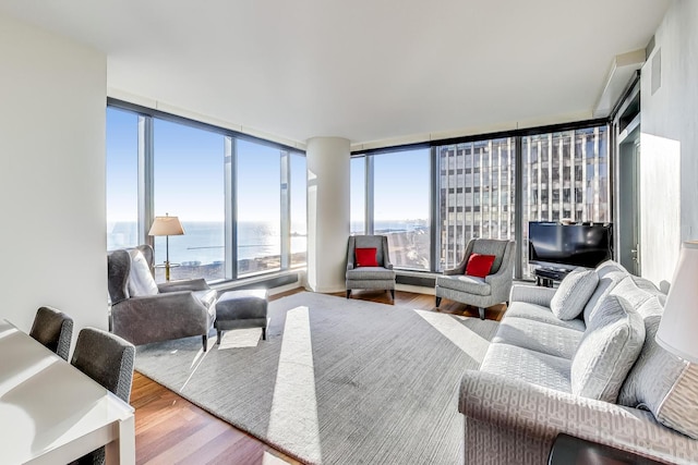 living room featuring hardwood / wood-style floors and floor to ceiling windows