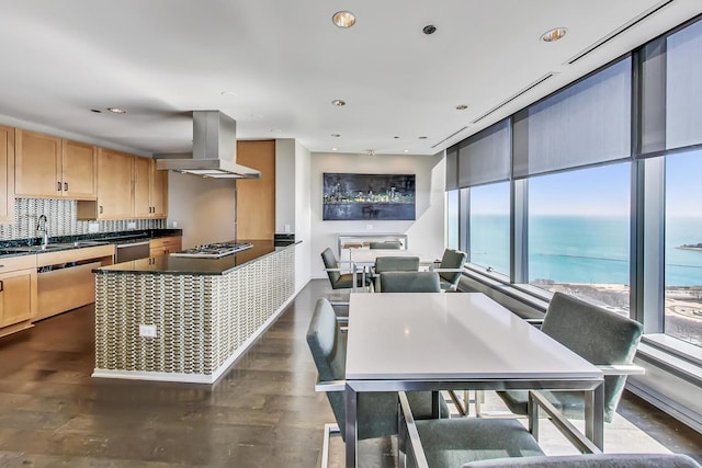 kitchen featuring stainless steel appliances, sink, wall chimney range hood, light brown cabinets, and a water view