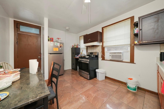 kitchen with dark brown cabinets, cooling unit, and appliances with stainless steel finishes