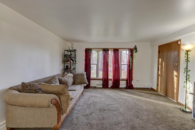 living room with carpet floors and a baseboard radiator