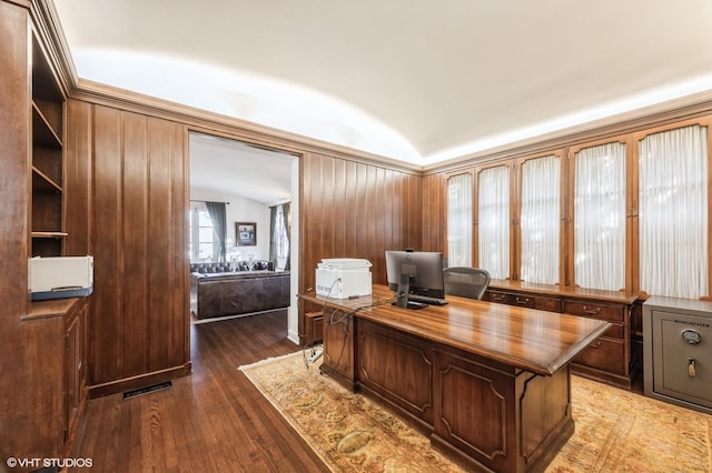 office space with dark wood-type flooring