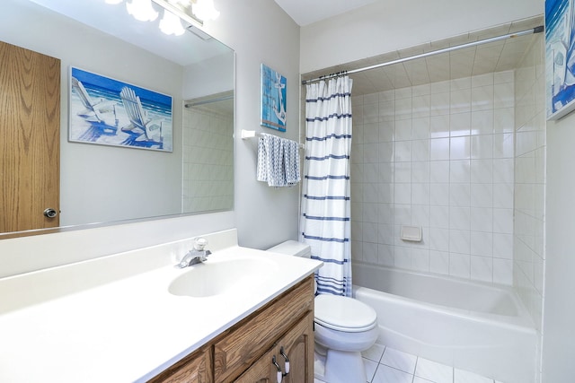 full bathroom featuring tile patterned flooring, vanity, shower / bathtub combination with curtain, and toilet