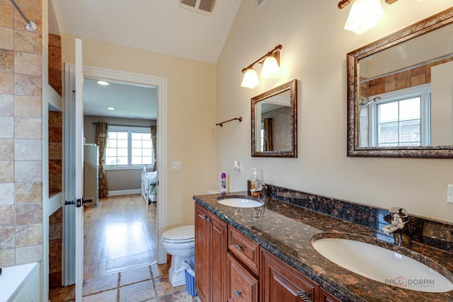 bathroom with vanity, toilet, and lofted ceiling