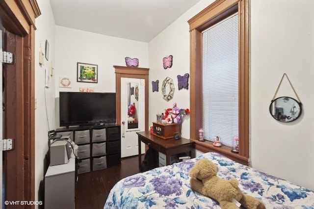 bedroom with dark hardwood / wood-style floors