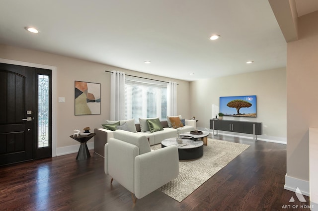 living room featuring dark wood-type flooring