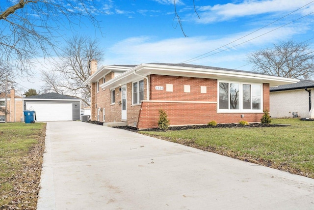 view of front of property with a garage, central air condition unit, an outbuilding, and a front yard