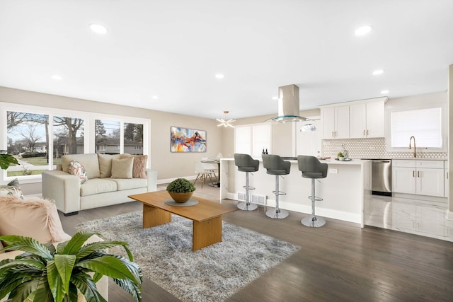 living room featuring sink and dark hardwood / wood-style flooring