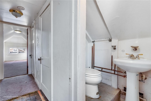 bathroom with toilet, sink, and vaulted ceiling