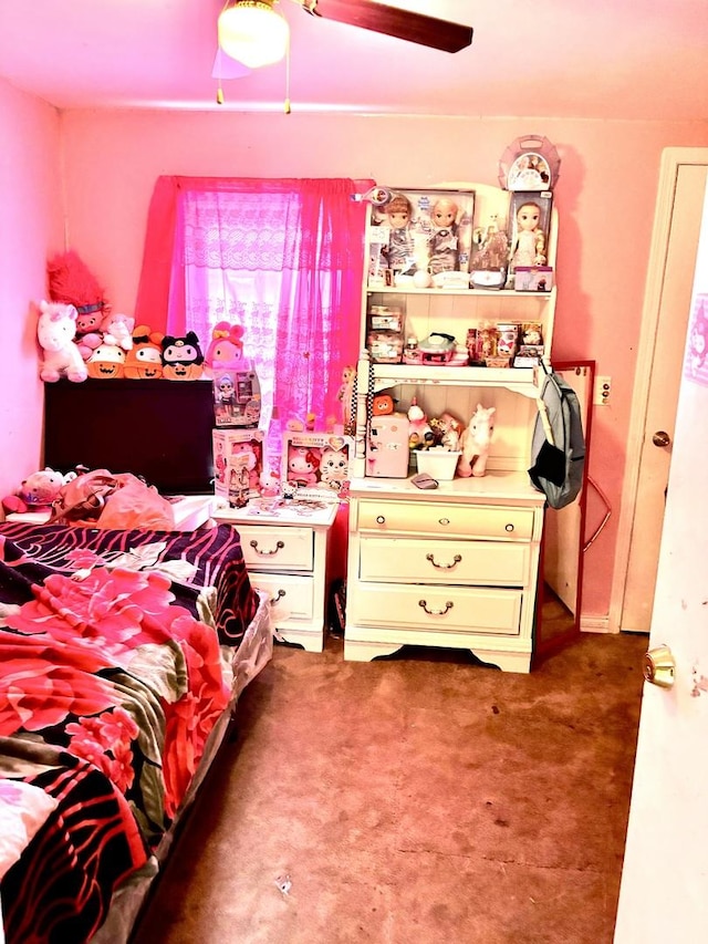 bedroom with dark carpet and ceiling fan