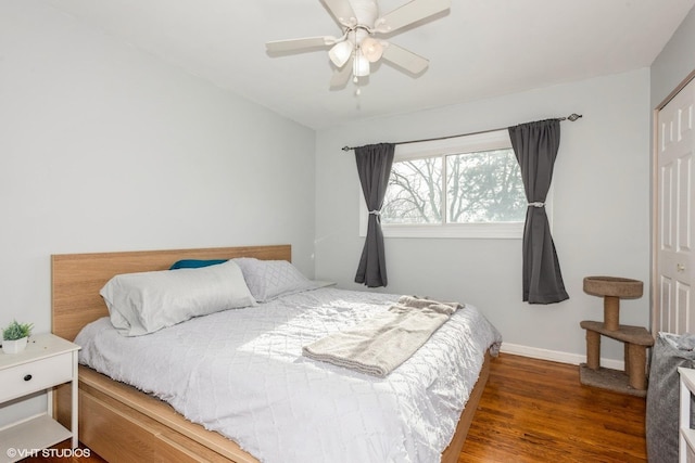 bedroom featuring a closet, ceiling fan, and dark hardwood / wood-style floors