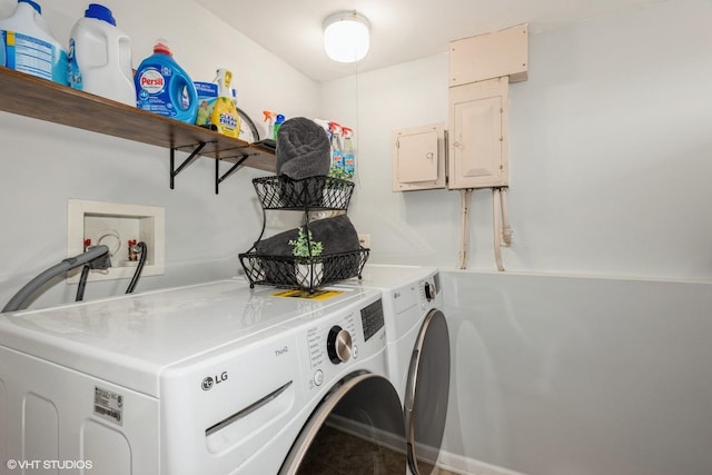 washroom with washing machine and clothes dryer and electric panel