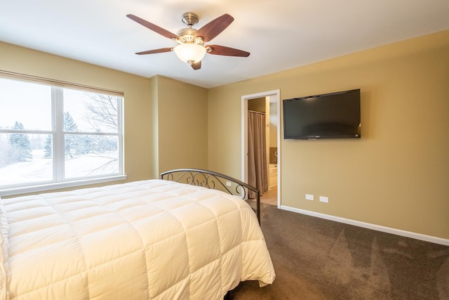 bedroom with ceiling fan and carpet floors