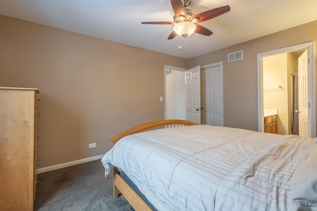 carpeted bedroom featuring ceiling fan and connected bathroom