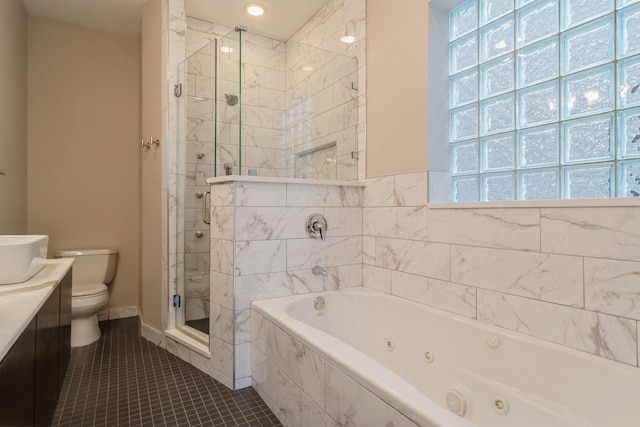 bathroom featuring tile patterned flooring, shower with separate bathtub, and toilet