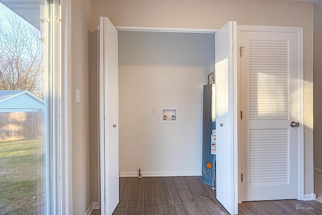 hallway featuring dark hardwood / wood-style floors and water heater