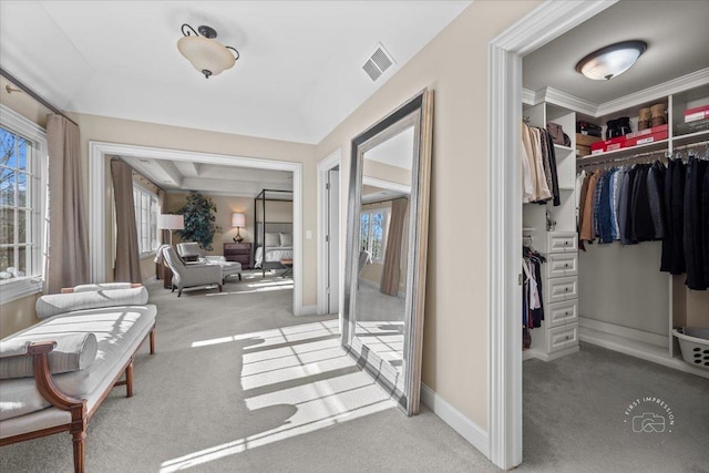 interior space featuring a raised ceiling and light colored carpet