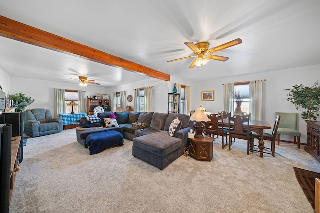 living room with a healthy amount of sunlight, ceiling fan, and light colored carpet