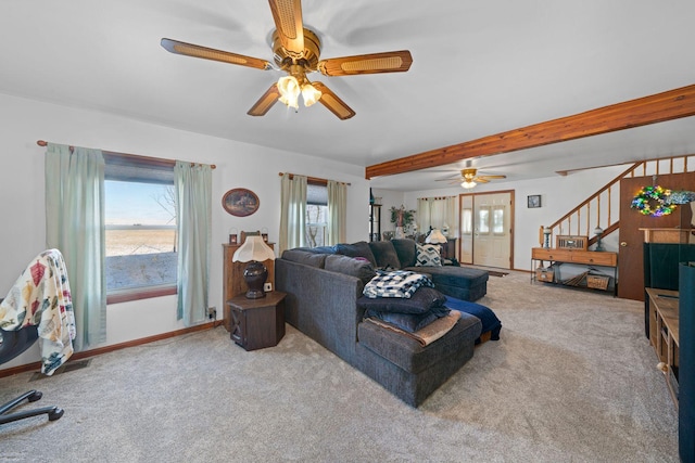 carpeted living room featuring ceiling fan and beam ceiling