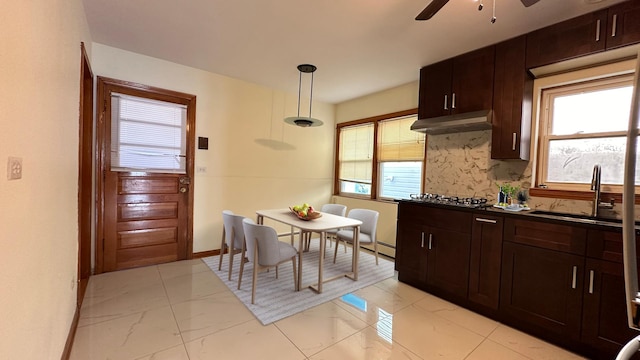 kitchen featuring tasteful backsplash, plenty of natural light, sink, and decorative light fixtures