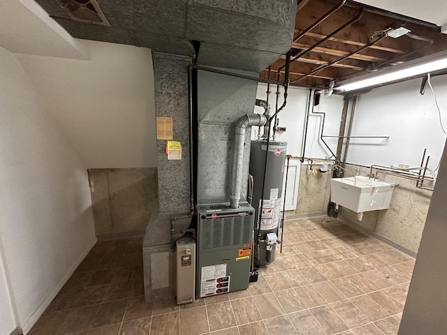 utilities featuring heating unit, sink, and water heater