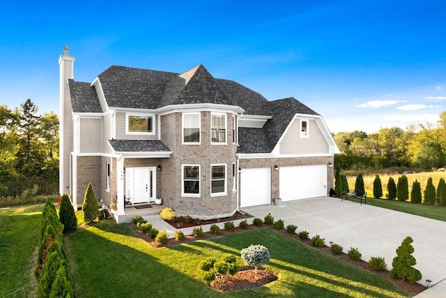 view of front facade with a garage and a front lawn