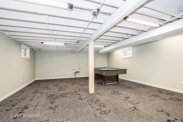 basement with carpet and billiards