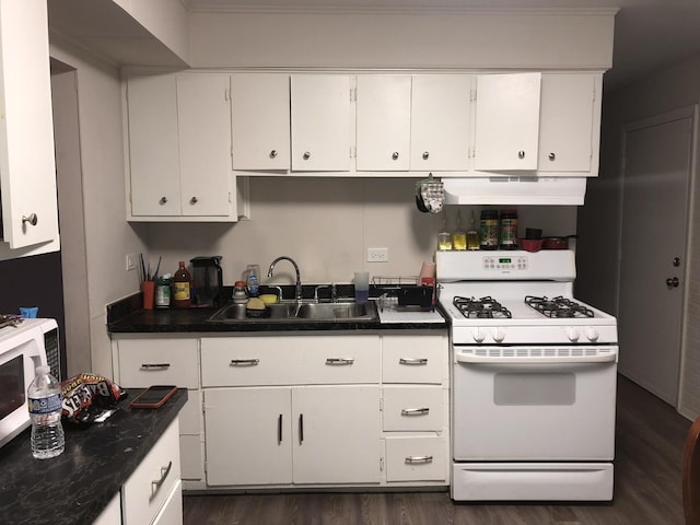 kitchen featuring ventilation hood, white cabinetry, sink, and white range with gas cooktop