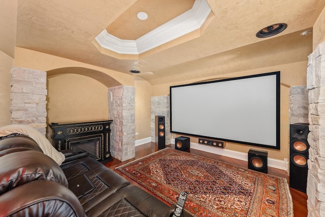 cinema room featuring a fireplace, crown molding, dark wood-type flooring, and a tray ceiling