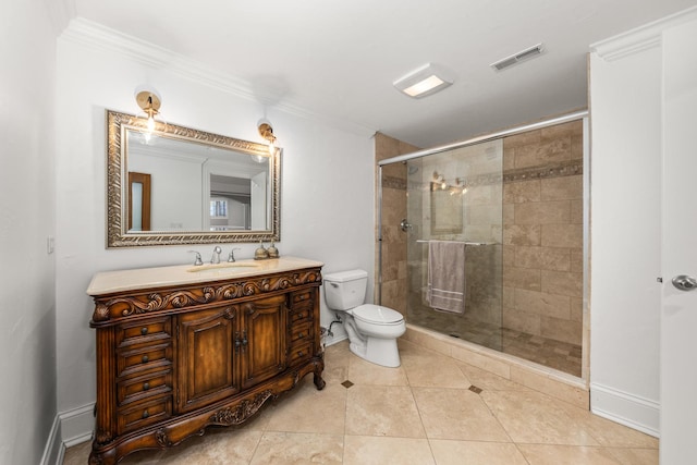 bathroom with vanity, tile patterned flooring, toilet, ornamental molding, and a shower with shower door