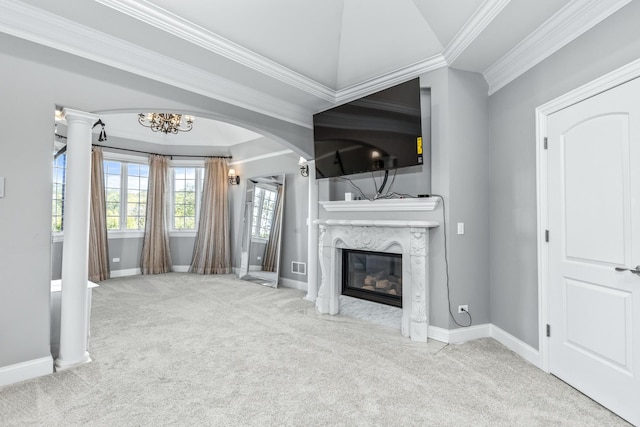 unfurnished living room featuring light carpet, an inviting chandelier, a premium fireplace, and ornamental molding