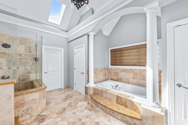 bathroom with ornamental molding, high vaulted ceiling, ornate columns, and independent shower and bath