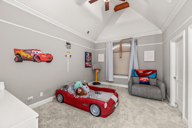 carpeted bedroom featuring ceiling fan, crown molding, and high vaulted ceiling