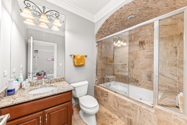 full bathroom featuring shower / bath combination with glass door, toilet, vanity, and ornamental molding