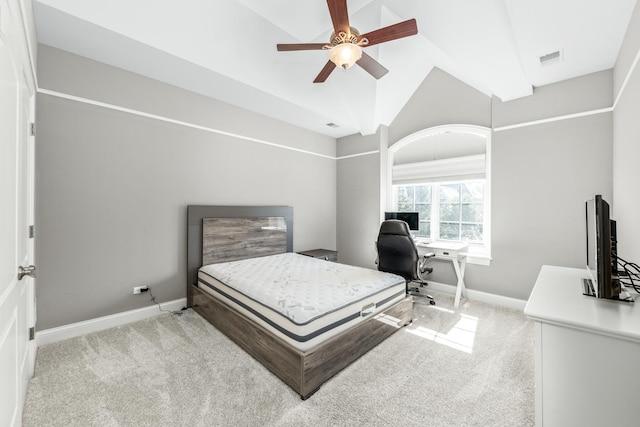 bedroom featuring light colored carpet, ceiling fan, and lofted ceiling